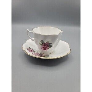 Royal Dover Teacup and Saucer Set Dark Red Floral Foliage Pattern Gold Trim